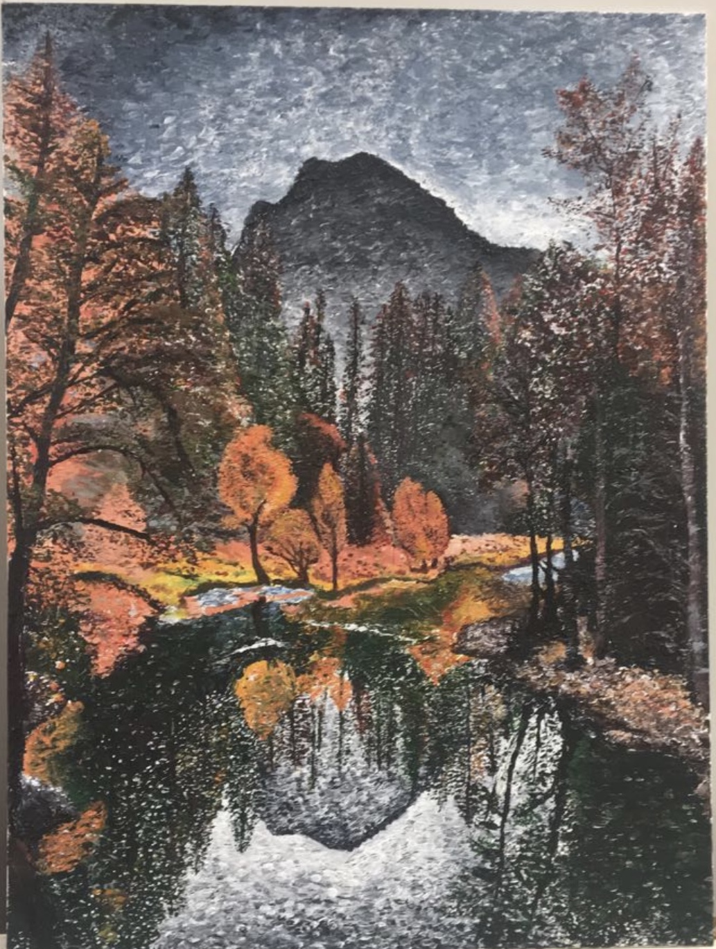 A painting of of a forest in the fall