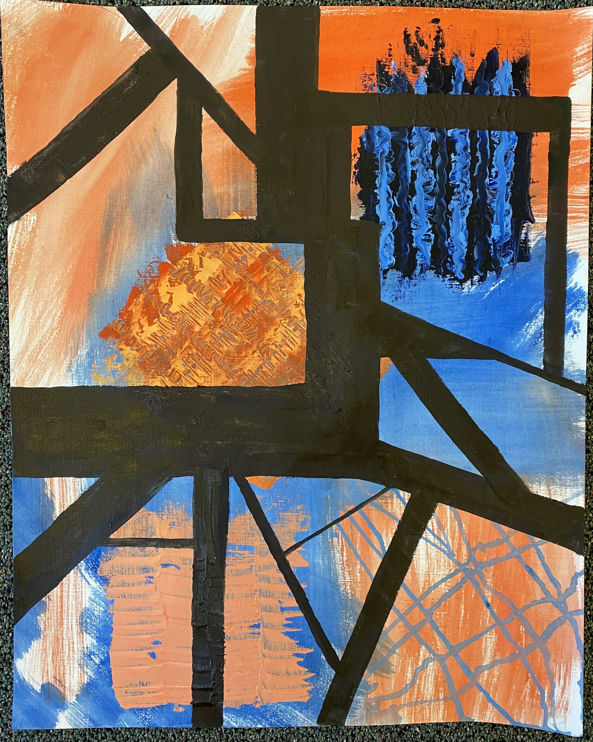 An abstract painting with orange, blue, and black