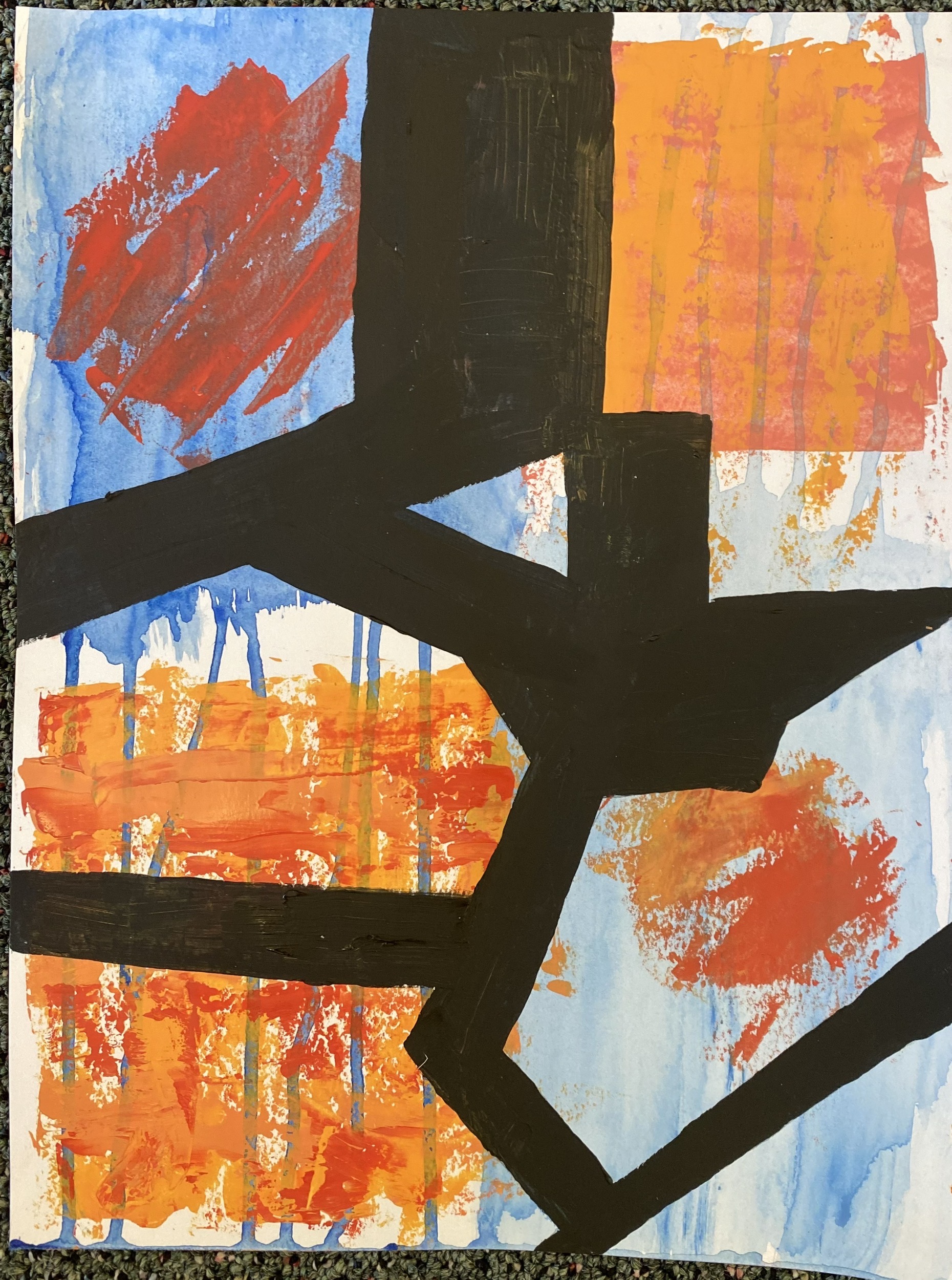 An abstract painting with orange, blue, and black