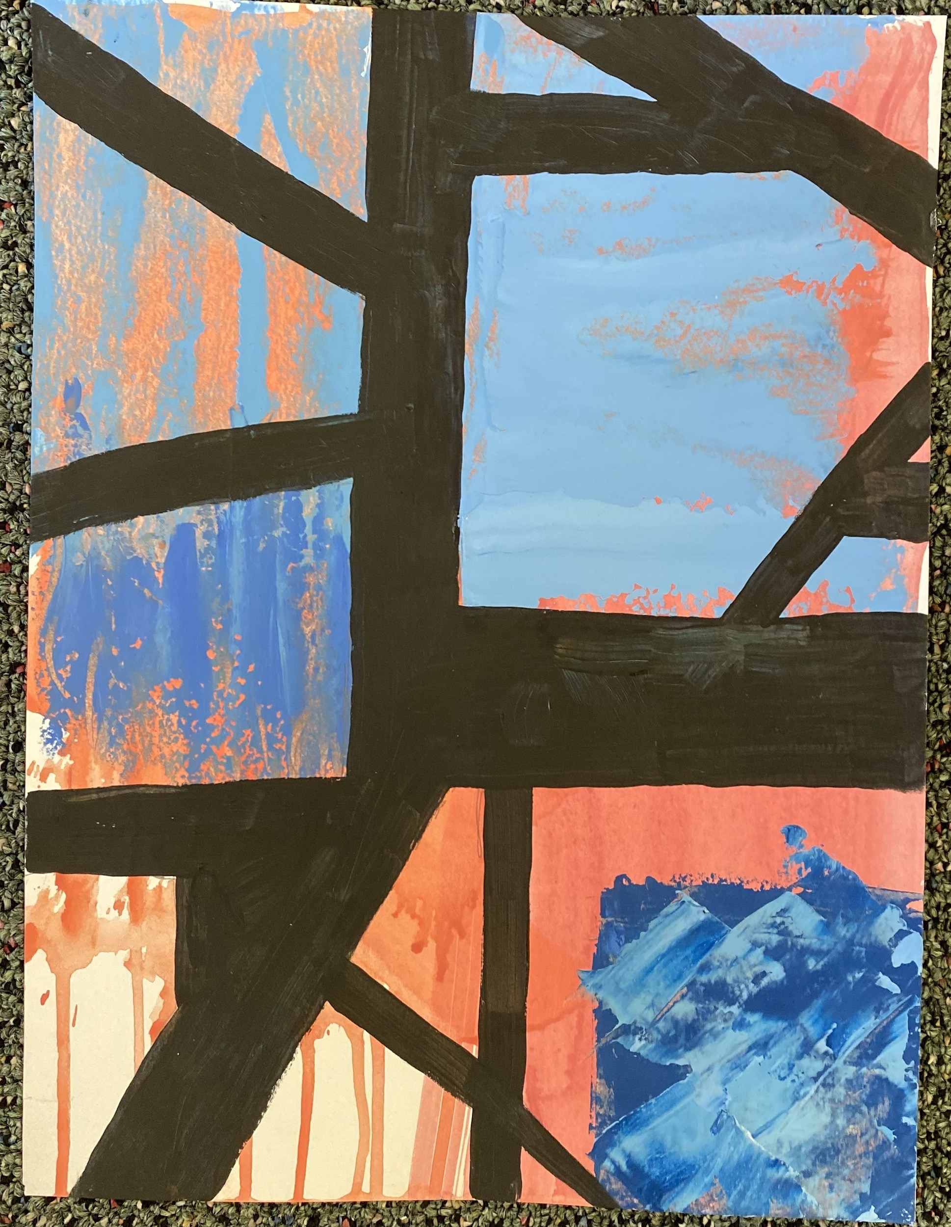 An abstract painting with orange, blue, and black