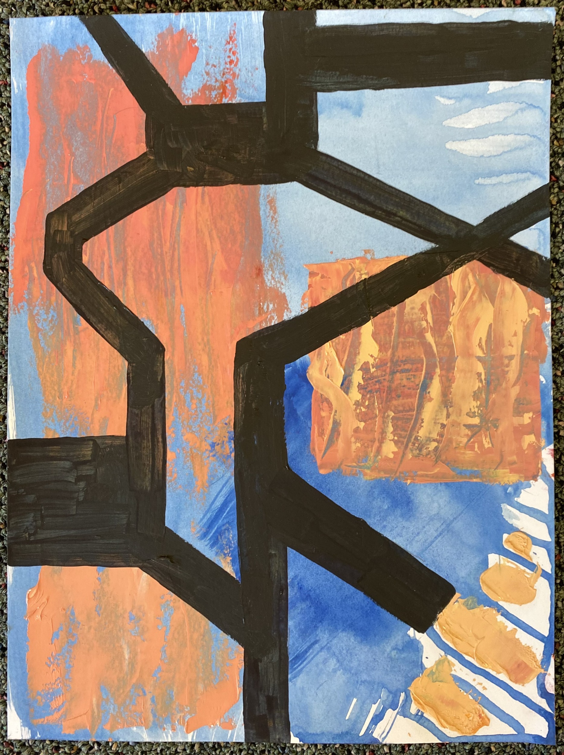 An abstract painting with orange, blue, and black