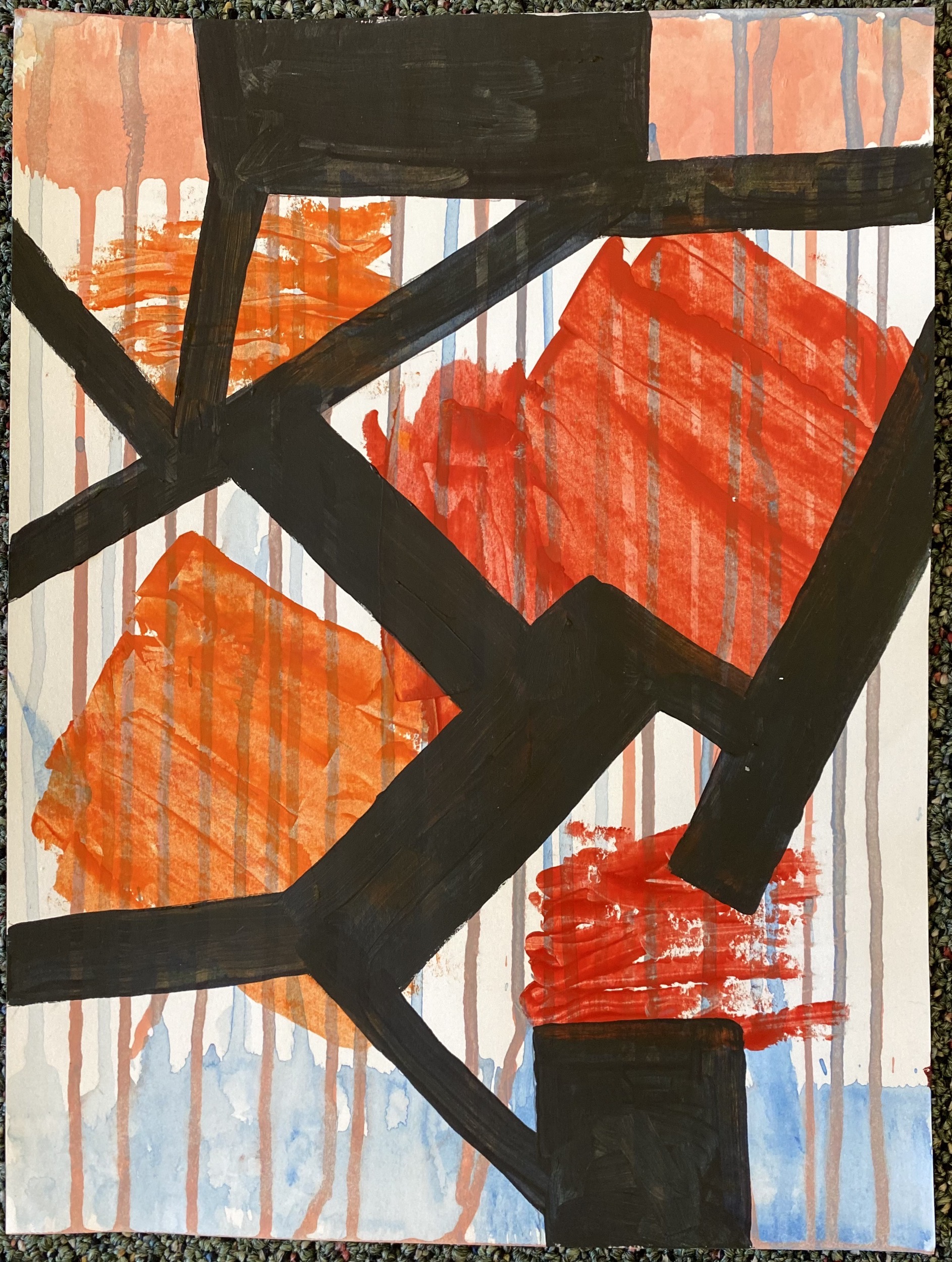 An abstract painting with orange, blue, and black